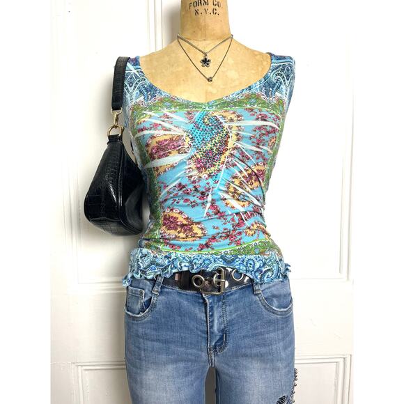 Live and let live Bohochic multicolor retro print rank with studded neckline - Picture 2 of 7